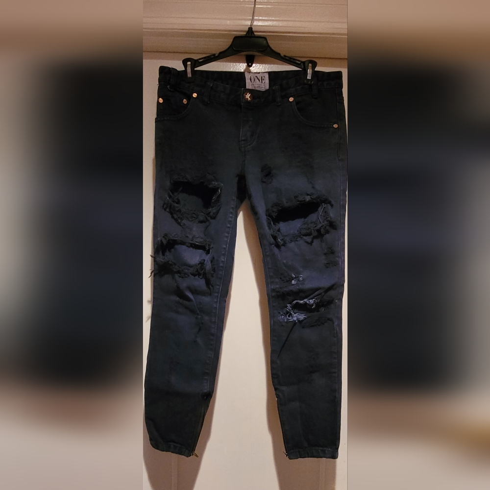 PRE-OWNED One Teaspoon Distressed Women's Dark Black Distressed Skinny Jeans